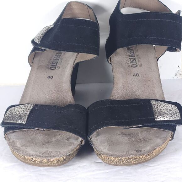 Mephisto Women's Jackie 40 US9-9,5 Black Leather Cork Embellished Wedge Sandals - Picture 5 of 16